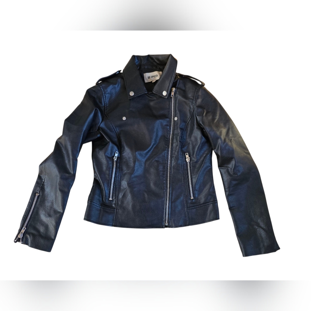 BB DAKOTA Black Faux Leather Biker Moto Jacket Size S EUC